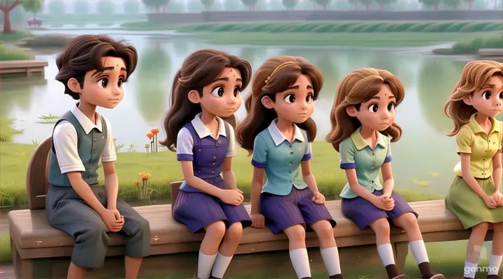 a group of children sitting on a bench next to a lake. That evening, the three friends were sitting on the bank of the pond, saddened by the defeat. Rahul said, "I wish I was as cheerful as Shivani, then the pain of defeat would have been less." Shivani consoled Rahul and said, "Rahul, your mind is amazing.