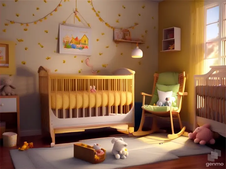  A cozy nursery room with a crib and toys scattered around, warm lighting, mess,