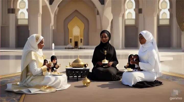 3 BEAUTIFUL DARK SKIN BLACK MUSLIM WOMEN WITH TWO BEAUTIFUL BLACK BABIES, WEARING WHITE DRESS AND WHITE HIJAB, SITTING ON BLANKET ON THE GRASS HAVING TEA, WHILE THEIR LITTLE BABIES PLAY ON A BLANKET ON THE GRASS, IN A BEAUTIFUL ISLAMIC COURTYARD, IN A FUTURISTIC ARABIAN CITY WITH BEAUTIFUL WHITE AND GOLD MASJID IN BACKGROUND