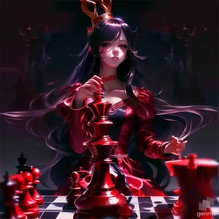 a woman in a red dress playing a game of chess