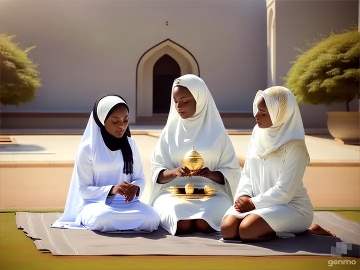 3 BEAUTIFUL DARK SKIN BLACK MUSLIM WOMEN WITH TWO BEAUTIFUL BLACK BABIES, WEARING WHITE DRESS AND WHITE HIJAB, SITTING ON BLANKET ON THE GRASS HAVING TEA, WHILE THEIR LITTLE BABIES PLAY ON A BLANKET ON THE GRASS, IN A BEAUTIFUL ISLAMIC COURTYARD, WITH BEAUTIFUL WHITE AND GOLD MASJID IN BACKGROUNDi mean with my best friend he just 