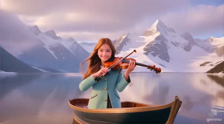 A young and beautiful girl with long hair, the girl smiles, the girl plays the violin while standing on a boat in a large lake, surrounded by snow-capped mountains