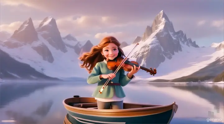 A young and beautiful girl with long hair, the girl smiles, the girl plays the violin while standing on a boat in a large lake, surrounded by snow-capped mountains