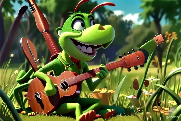 a cartoon cricket playing a guitar in the grass
