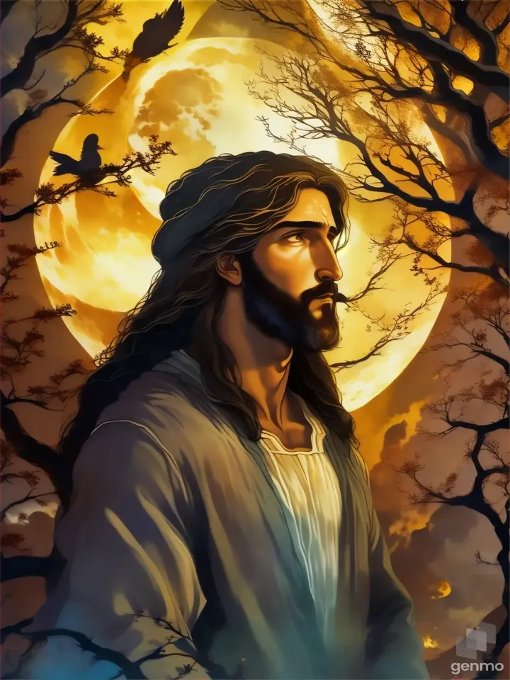 a painting of jesus in front of a full moon