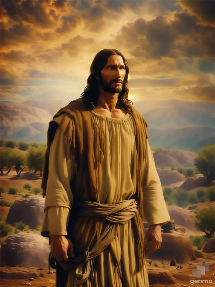 jesus standing in the desert with his hands in his pockets