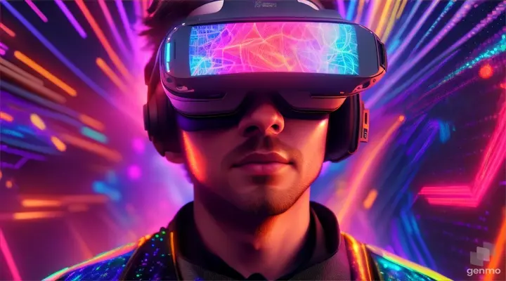 Man with VR headset and abstract pixel explosion. Neon glow digital art style.16:9