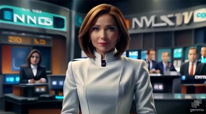 a woman in a white dress standing in front of a news desk