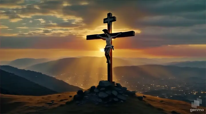 a crucifix on top of a hill with a sunset in the background