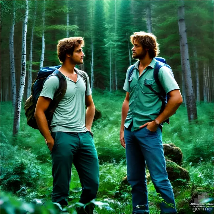 a couple of men standing next to each other in a forest