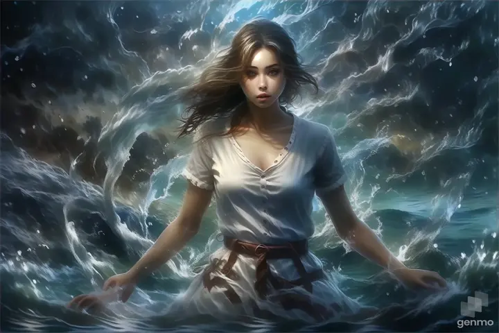 a woman standing in the water surrounded by waves