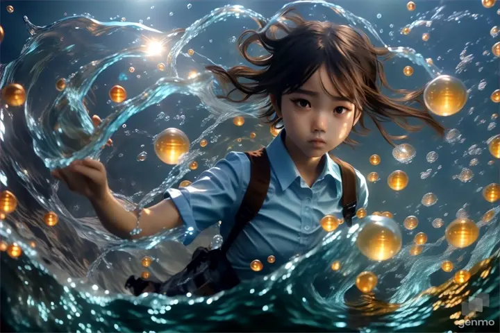 a girl in the water surrounded by bubbles