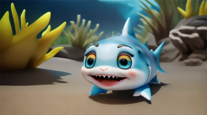 STYLE CHIBI-MARU: A SUPER DEFORMED AND EXAGGERATED VERSION OF THE CHIBI STYLE WITH SUPER LARGE AND EXPRESSIVE EYES.   IN  ZOOM : 30. A FINAL SHOT OF BABY SHARK RETURNING TO THE SHORE, ITS ADVENTURE ETCHED IN ITS MEMORY.