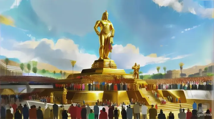 a painting of a golden statue surrounded by a crowd of people