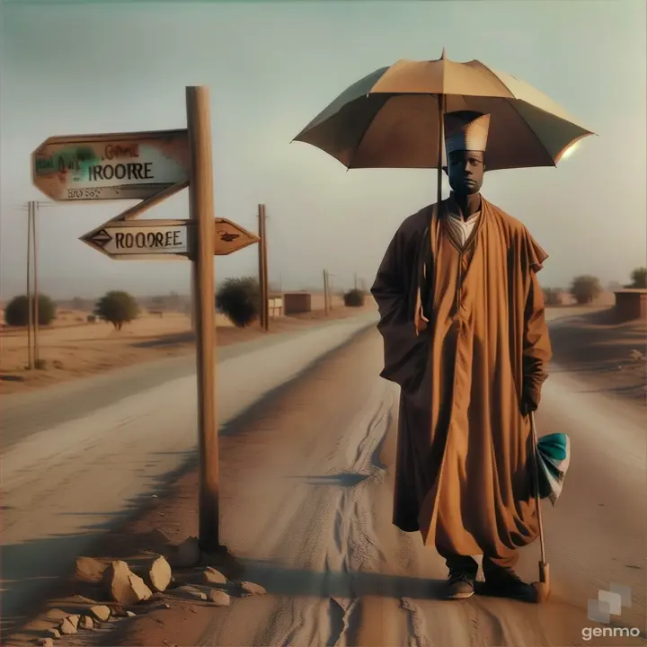 a man with an umbrella standing in the middle of a dirt road