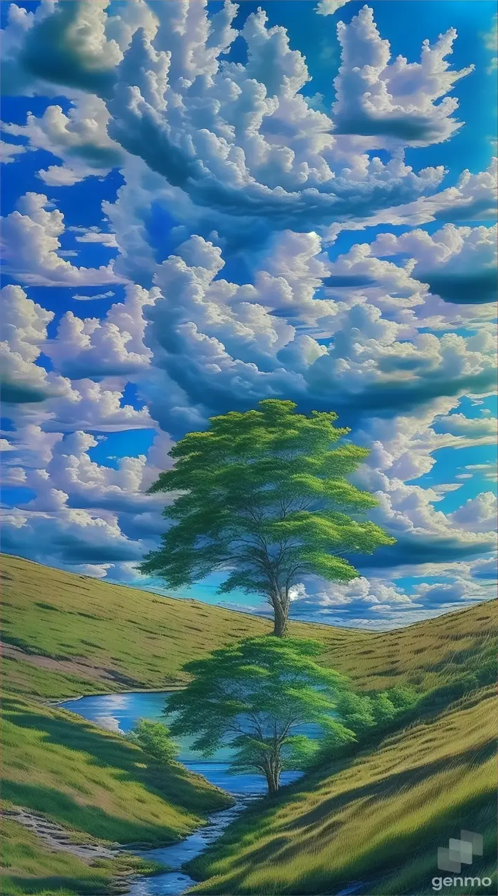 a painting of a tree and a stream