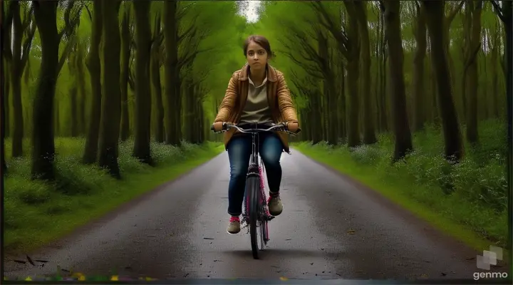 a woman riding a bike down a tree lined road