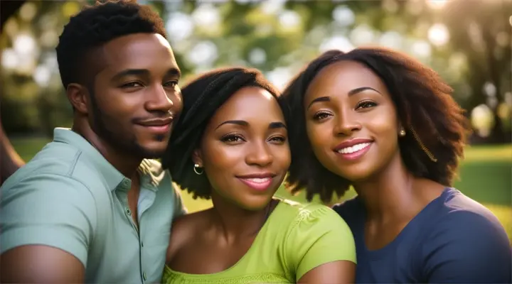 happy 35 year old black couple in the park, Brazil, clear facial features, Cinematic, 35mm lens, f/1.8, accent lighting, global illumination –uplight –v 4