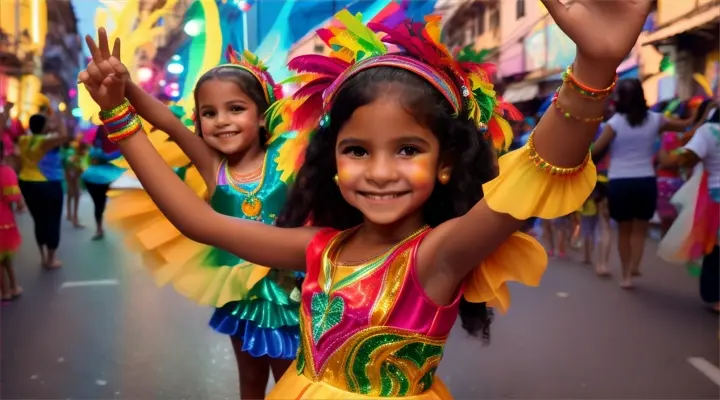 A 7-year-old Brazilian girl and her mother dressed in bright costumes at a street carnival in Brazil, surrounded by colorful lights