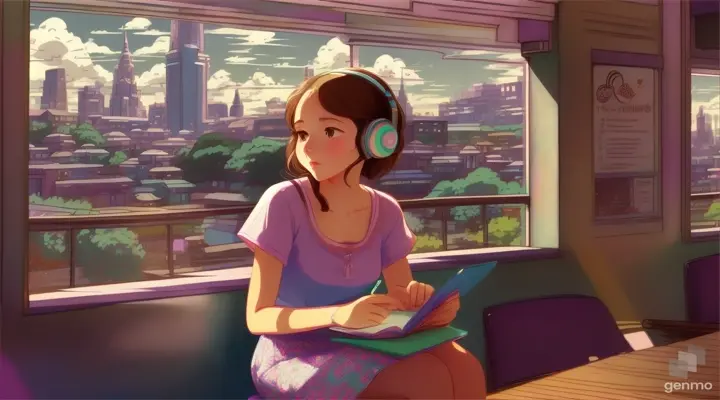 A beautiful girl sits at the corner of a coffee shop, her headphones on as she studies. The vibrant cityscape behind her is a perfect backdrop for her focused expression. The Studio Ghibli style adds a whimsical touch to the image, making it stand out from the rest, size 1280x720