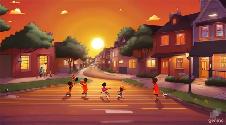 a cartoon animation of a time-lapse video of the sun going down with black children playing outside in the street and the street lights flicker on