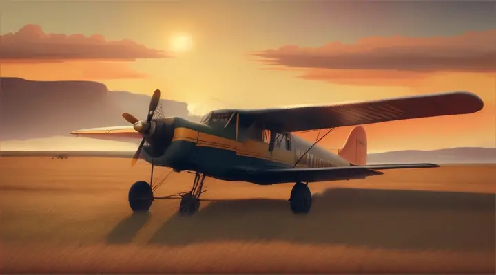 A vintage-style digital painting of a plane taking off from a grassy airstrip in an African savannah