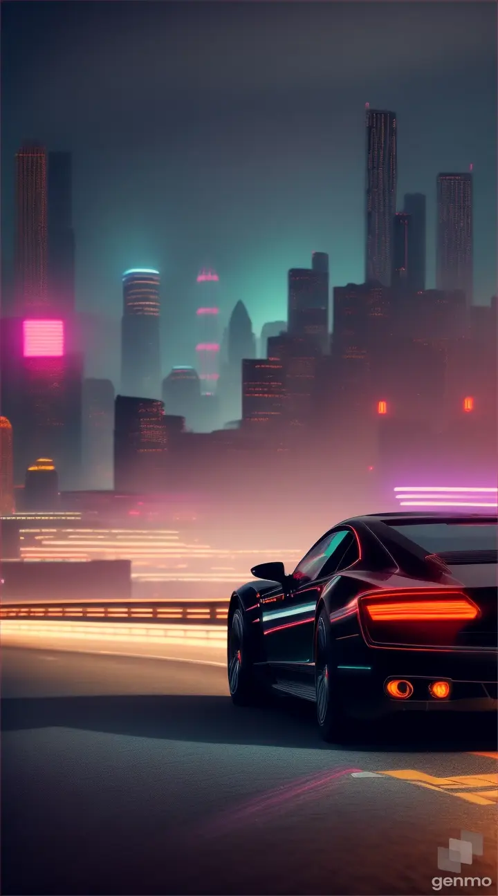 A black luxury car speeding through a futuristic city at night, the hills in the distance