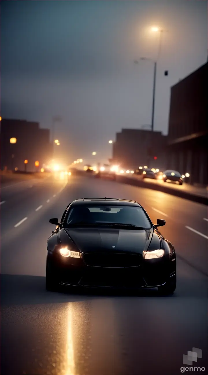 A black luxury car driving at high speed on a deserted city street, with the city lights blurred in the background