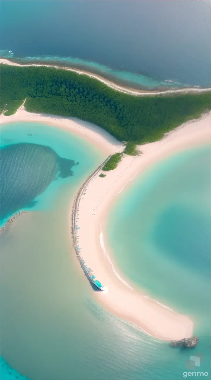A majestic aerial view of a round yacht surrounded by turquoise waters and white sand islands