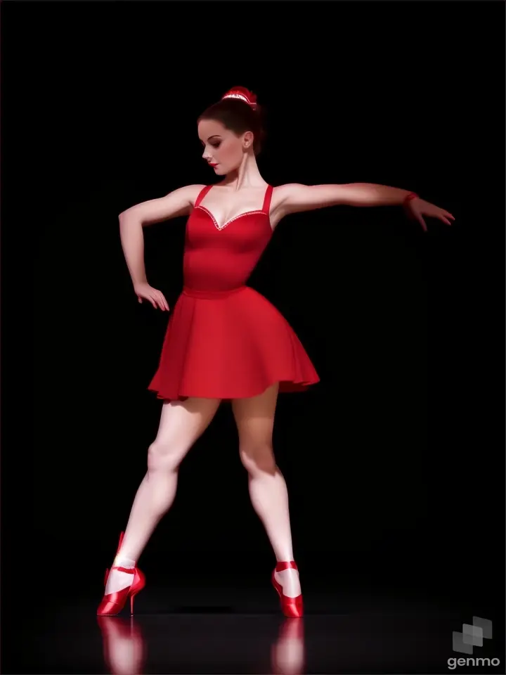 a woman in a red dress is dancing. a woman in a red dress takes a step. cartoon girl in a red Spanish dress. A ballerina dressed as Carmen strides across the stage. The ballerina has a perfect body, in the image there are only two arms and two legs. overall plan