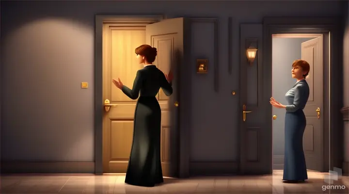 The American man's wife, standing behind the door, calmly asked her husband if their son was still alive, in an animated video.