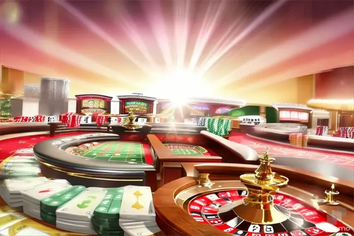 a casino table with a lot of money and casino games on it