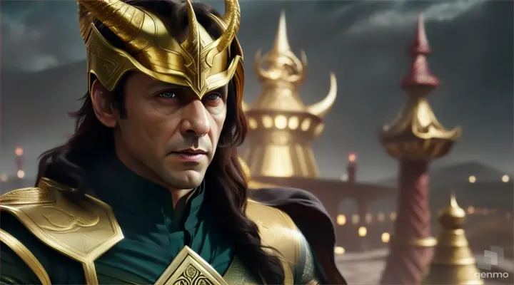 Imran Khan as Loki wearing a golden helmet with 2 long golden horns