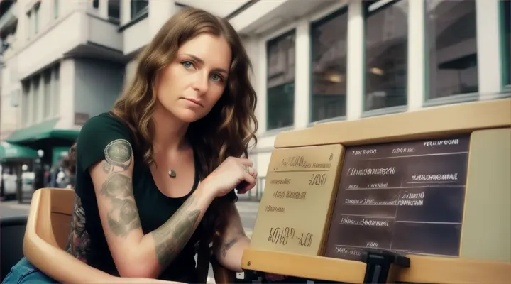 
40-year-old white woman, brown wavy hair, green eyes, tattoos on her arms, sitting in a film director's chair with a clapperboard in her hand, Brazil, clear facial features, Cinematic, 35mm lens, f/1.8, accent lighting, global illumination –uplight –v 4