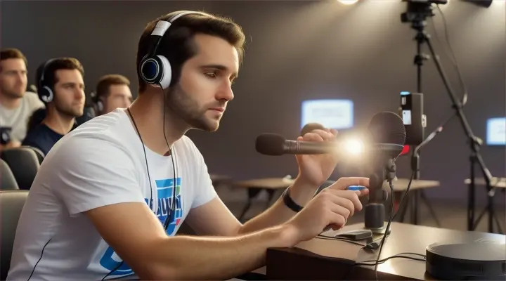 
30-year-old white man, dark hair, robust, in a t-shirt, on a movie set, with headphones and microphone, Brazil, clear facial features, Cinematic, 35mm lens, f/1.8, accent lighting, global illumination –uplight –v 4