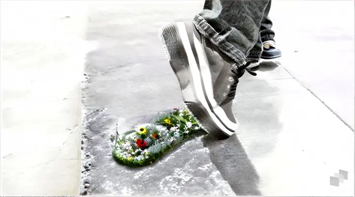 a person walking. leaving a footprint full of flowers