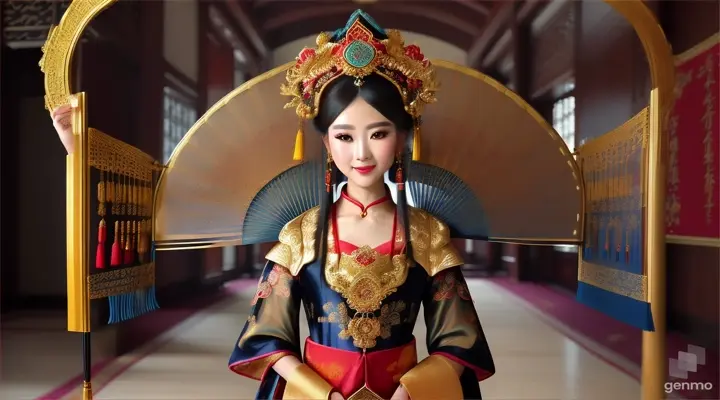 The image shows a character with a blurred face. Surrounded by the environment of the Chinese Dynasty Hall, the character is a beautiful female neck, sleeve, makeover, kimono, fashion design, beauty, jewellery, event, shimada, tradition dressed in a costume and headdressemperor, smiling happily. The head of the person in the picture was covered. There is a crown-like ornament on the head that looks luxuriously decorated. It had a luxuriously decorated appearance, with long flowing hair, large blue eyes, a slight smile, and wearing exquisite gold jewelry. horizontal image