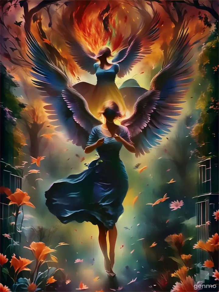 a painting of a woman with large wings