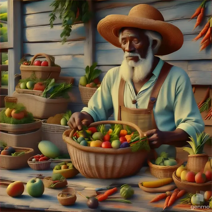 a painting of a man holding a basket of fruit and vegetables