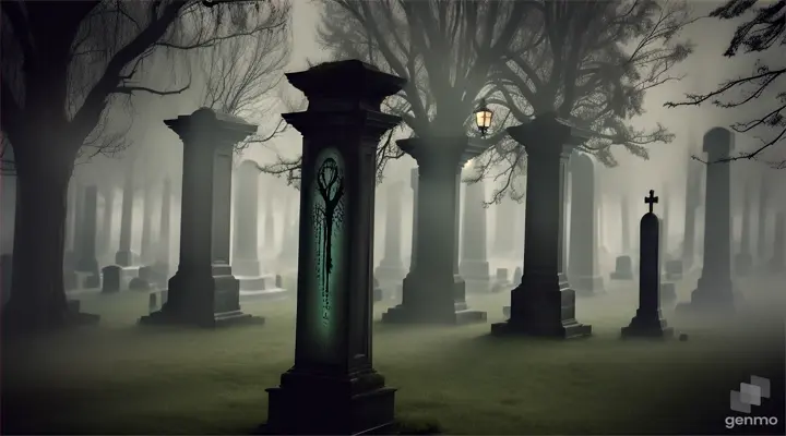 Prompt: A mysterious presence or ghostly figures around the cemetery, suggesting the presence of supernatural forces.
