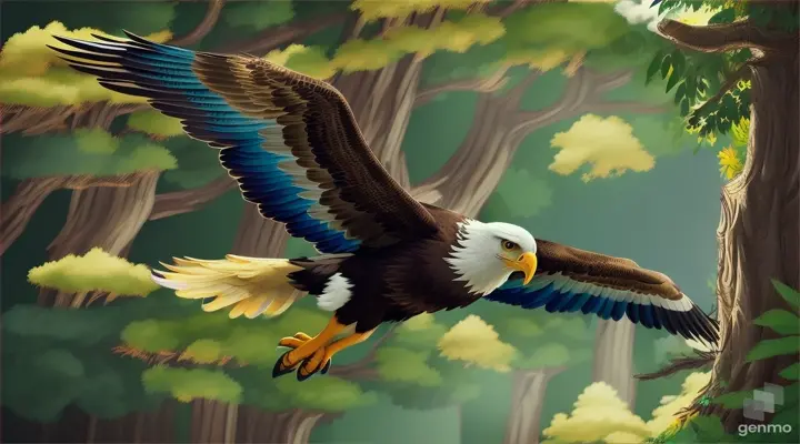 a playfull cartoon of an eagle flying in the forest, in 16:9 ratio