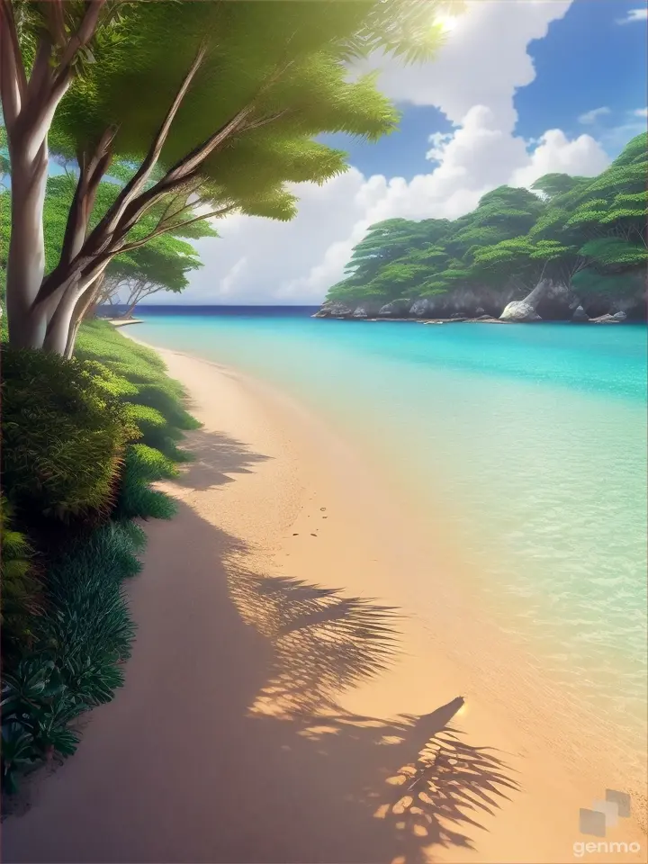 A anime beautiful path on a beach, stone, blue sky, tropical, visible path, realistic