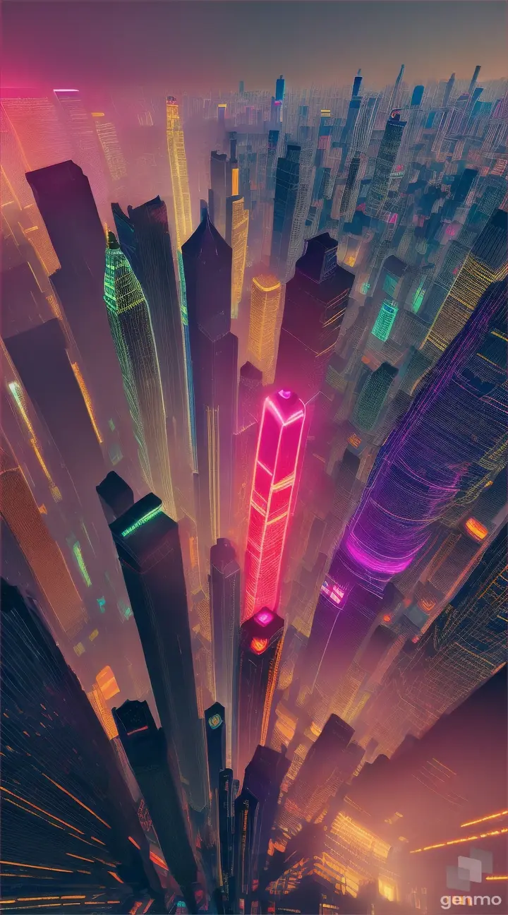 A vibrant cityscape at night, illuminated by a network of colorful lasers