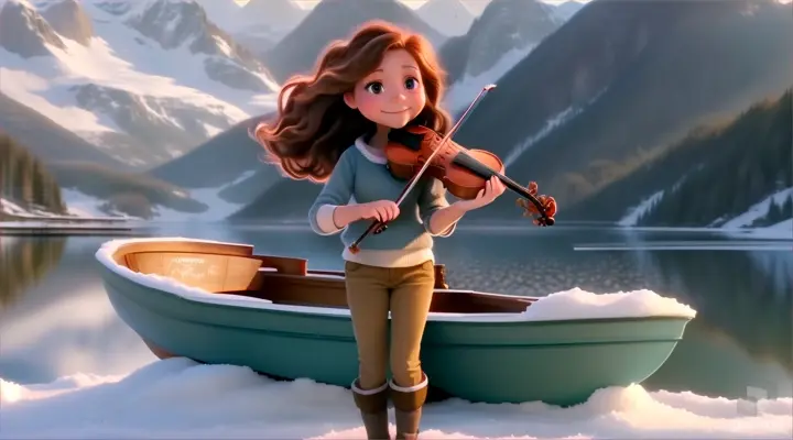 A young and beautiful girl with long hair, the girl smiles, the girl plays the violin while standing on a boat in a large lake, surrounded by snow-capped mountains