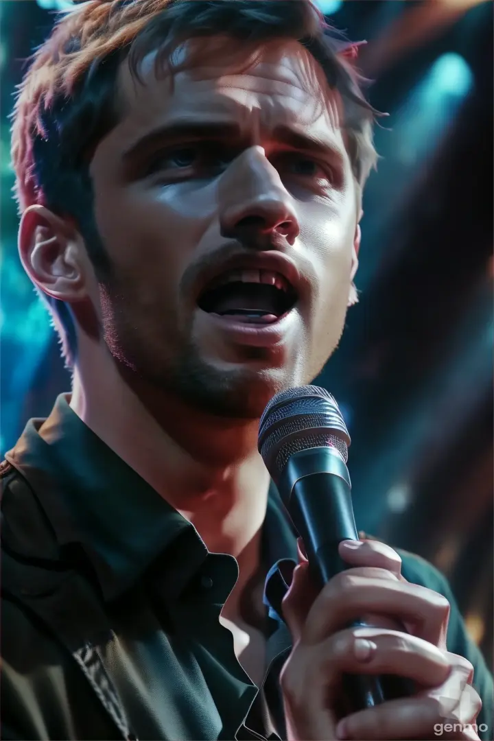 a man holding a microphone in his handRaise your hands high and open your mouth