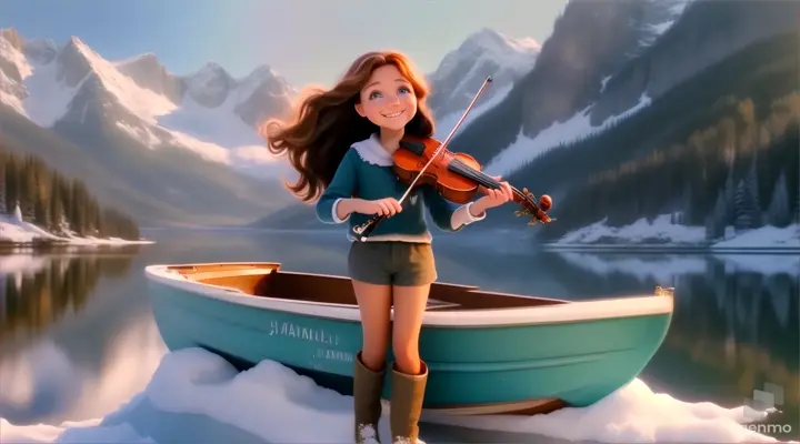 A young and beautiful girl with long hair, the girl smiles, the girl plays the violin while standing on a boat in a large lake, surrounded by snow-capped mountains