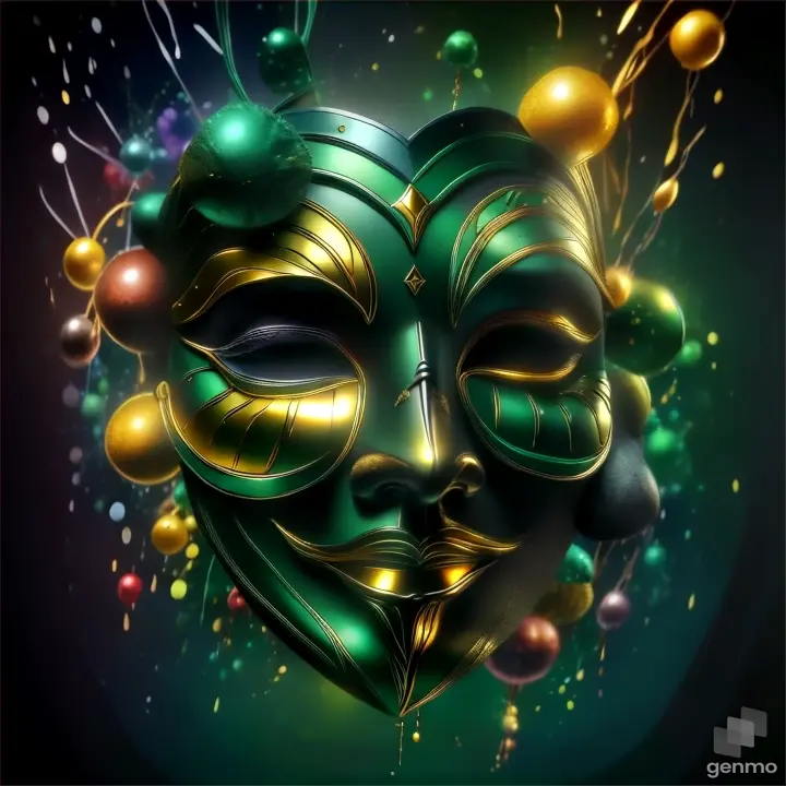 a green mask with gold and red balls around it