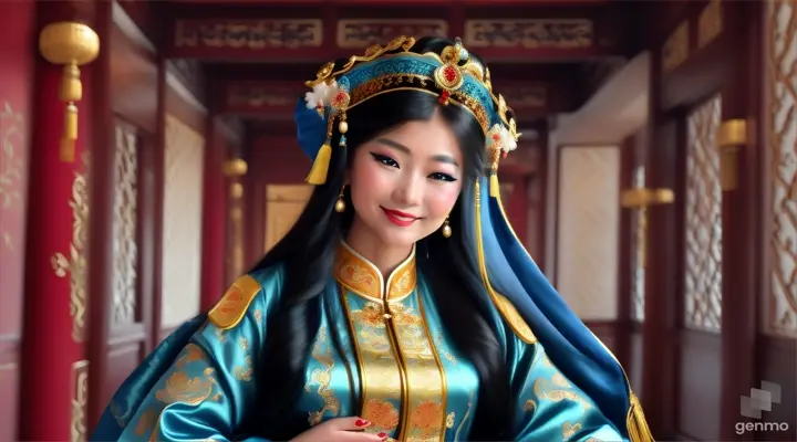 The image shows a character with a blurred face. Surrounded by the environment of the Chinese Dynasty Hall, the character is a beautiful female neck, sleeve, makeover, kimono, fashion design, beauty, jewellery, event, shimada, tradition dressed in a costume and headdressemperor, smiling happily. The head of the person in the picture was covered. There is a crown-like ornament on the head that looks luxuriously decorated. It had a luxuriously decorated appearance, with long flowing hair, large blue eyes, a slight smile, and wearing exquisite gold jewelry. horizontal image