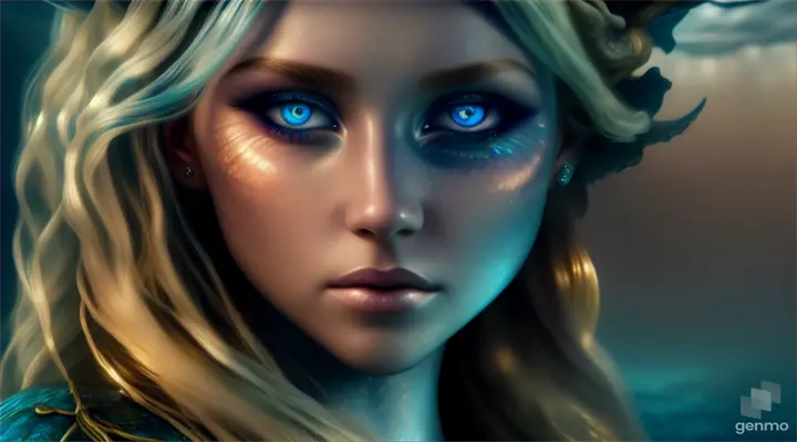Two piercing eyes in the dark, mermaid's blonde hair, treasure scattered on an underwater shipwreck floor