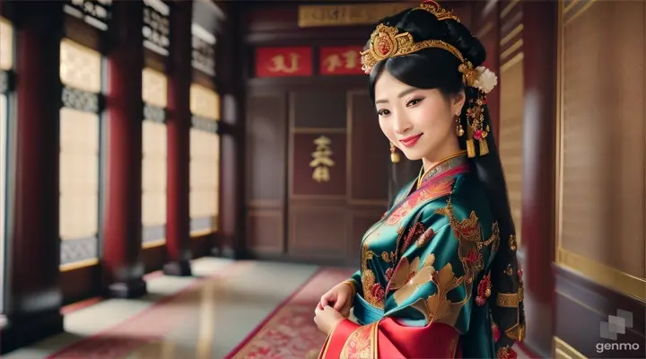 The image shows a character with a blurred face. Surrounded by the environment of the Chinese Dynasty Hall, the character is a beautiful female neck, sleeve, makeover, kimono, fashion design, beauty, jewellery, event, shimada, tradition dressed in a costume and headdressemperor, smiling happily. The head of the person in the picture was covered. There is a crown-like ornament on the head that looks luxuriously decorated. It had a luxuriously decorated appearance, with long flowing hair, large blue eyes, a slight smile, and wearing exquisite gold jewelry. horizontal image